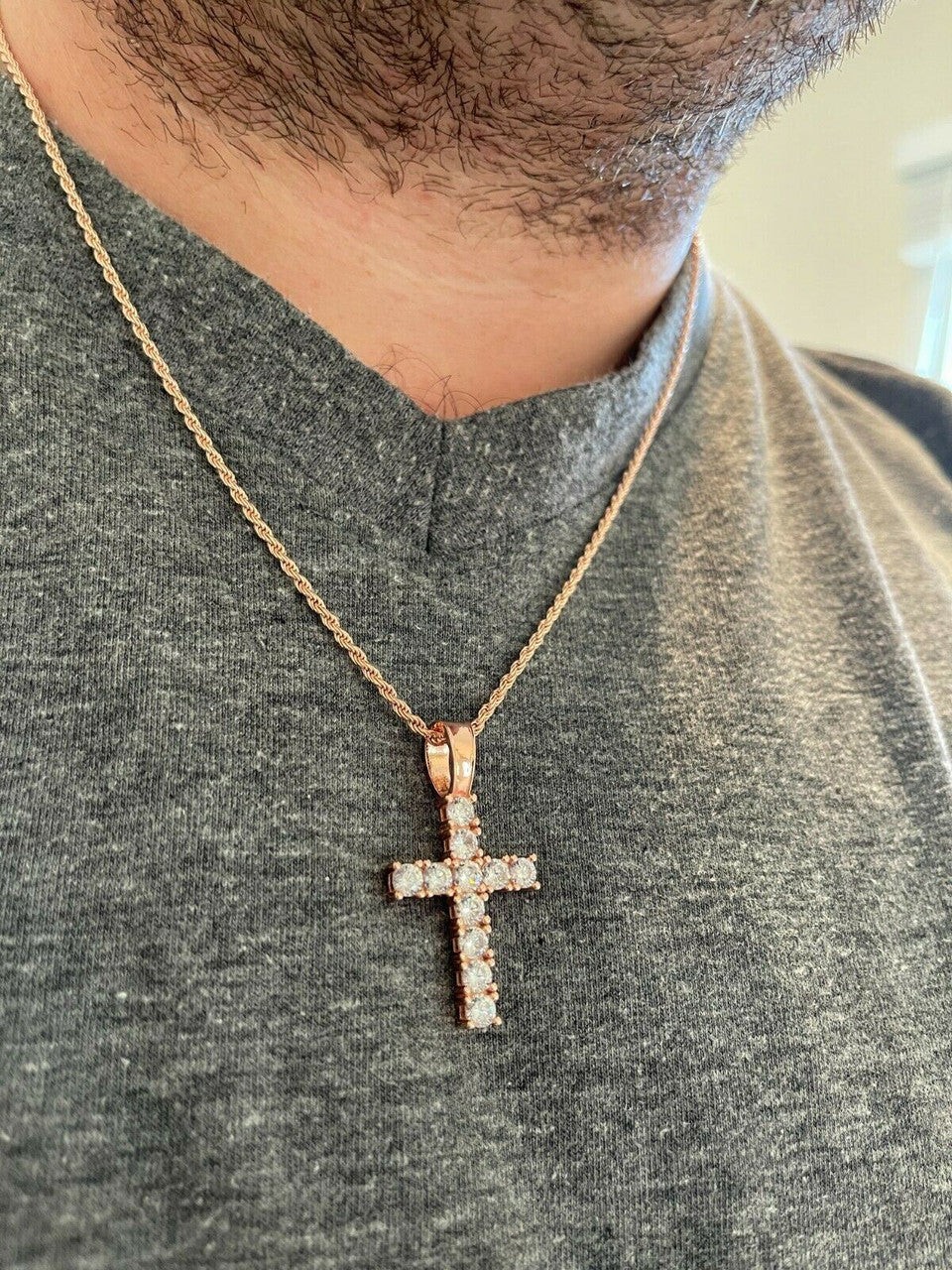 Tennis Cross Iced Pendant – Rose Gold Vermeil 925 Silver – 5 Sizes 0.75″-2.25″