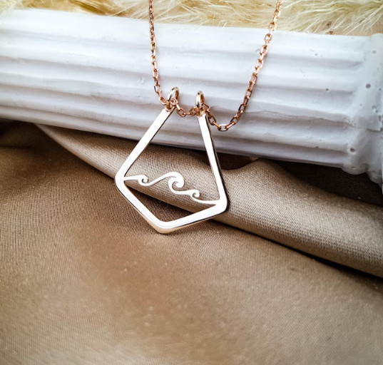 Rose Gold Ocean Wave Pendant Necklace Geometric Open Frame Beach Jewelry for Her