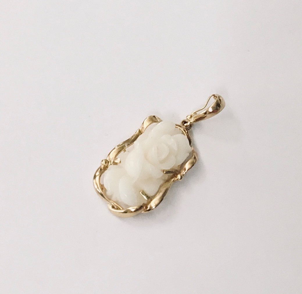 Genuine Natural White Coral Hand Carved Flower 14K Yellow Gold Pendant Enhancer