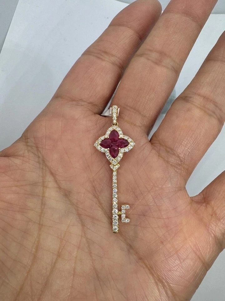 1.60CT Pear Cut Lab-Created Red Ruby Women’s Key Pendant 14K Yellow Gold Plated