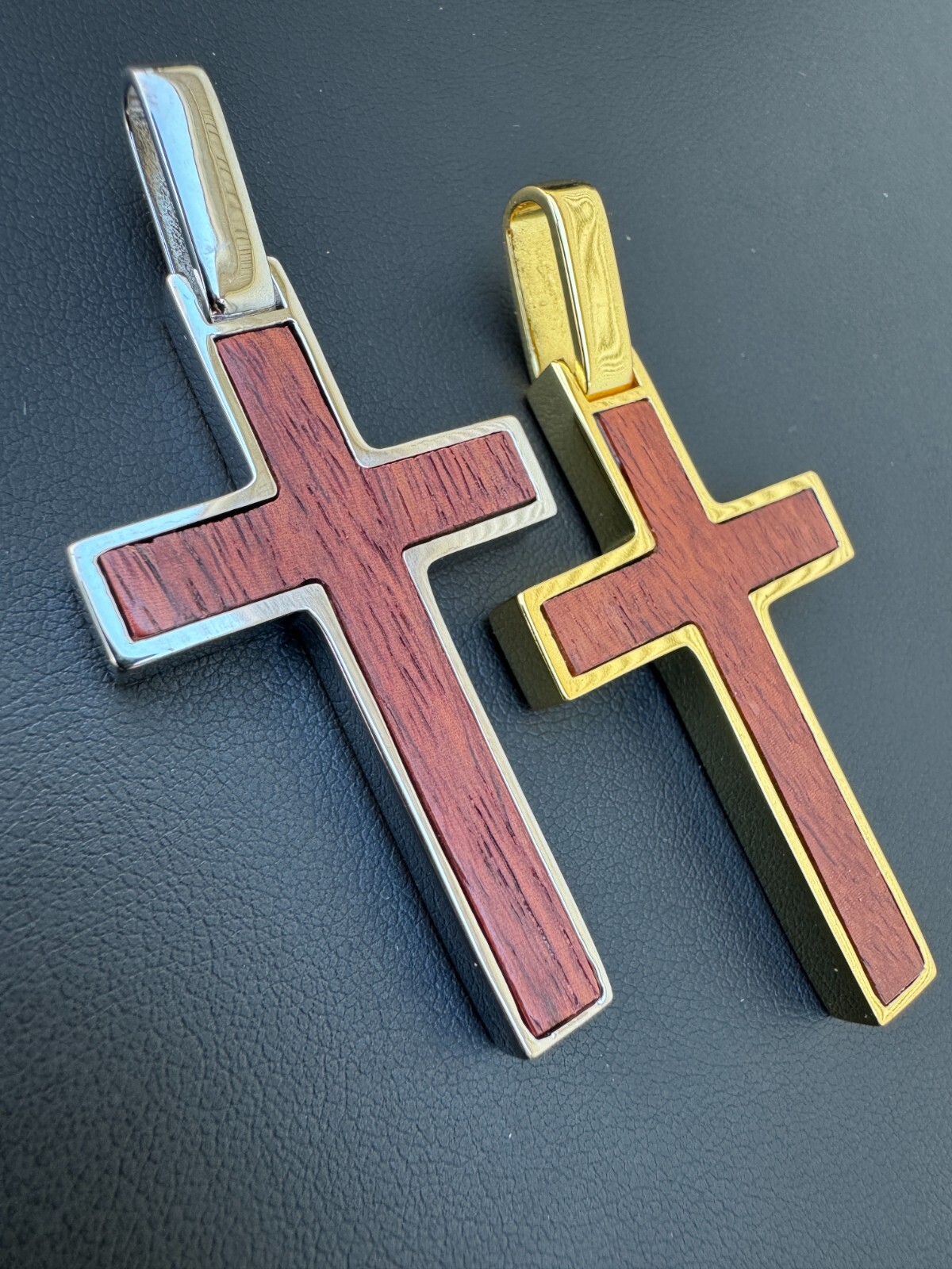Large Mens Real 925 Silver & Wood Inlay Plain Religious Cross Pendant Necklace