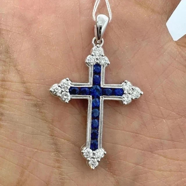 2Ct Round Cut Lab-Created Sapphire Women’s Cross Pendant 14K White Gold Plated