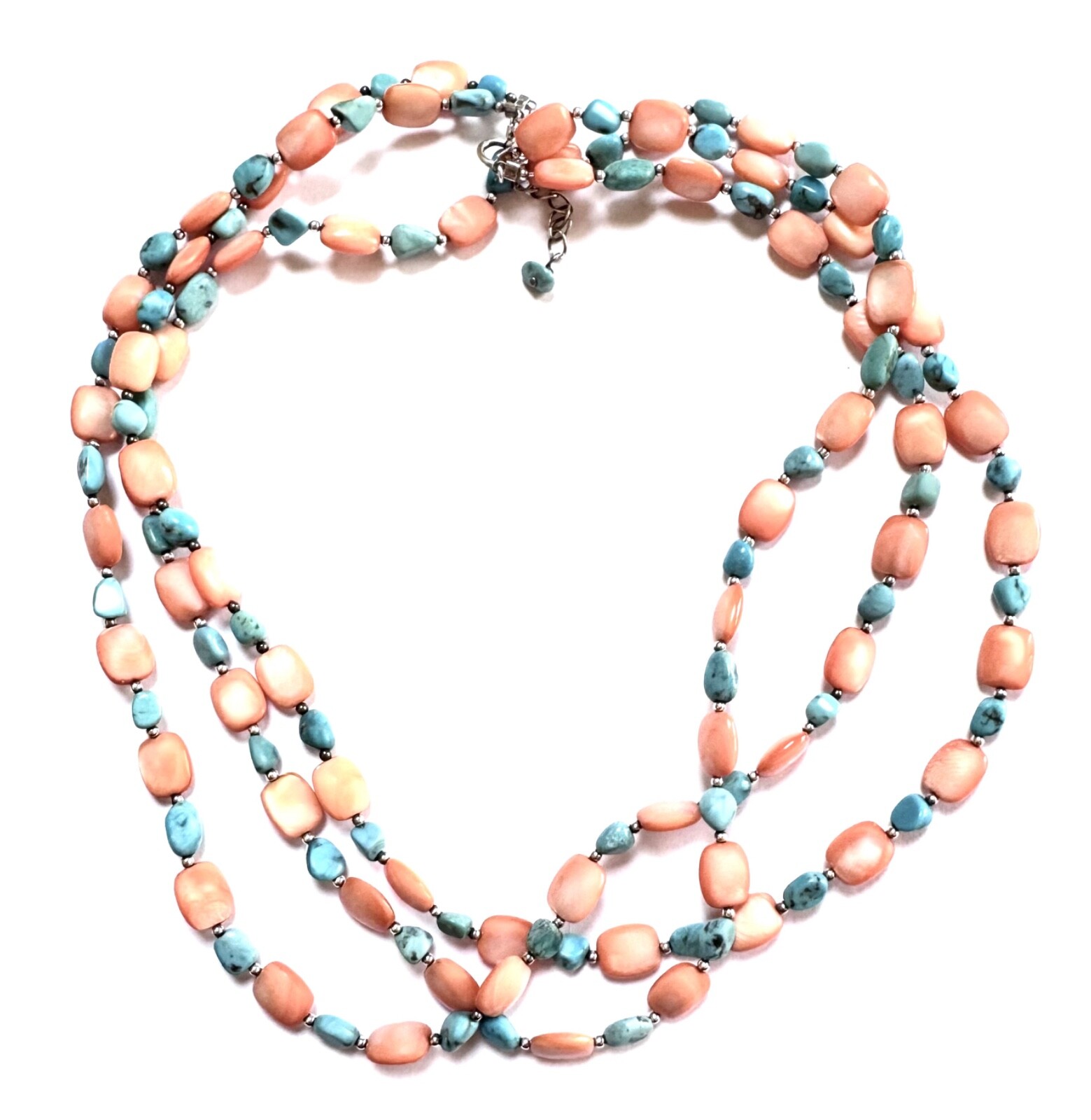 TURQUOISE Necklace Sterling Coral Mother of Pearl Bead 3-Strand VERY GOOD COND