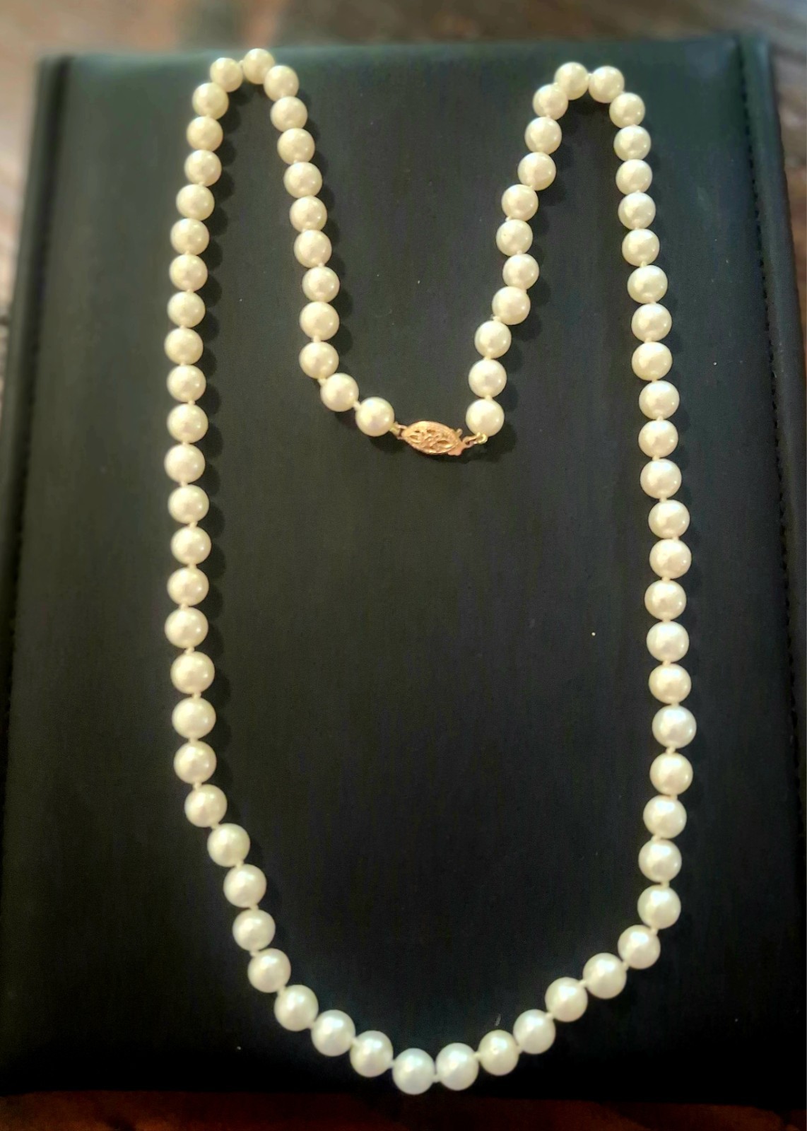 Vintage Cultured Pearl Necklace 14k Yellow Gold Filigree Clasp Knotted 24 Inches
