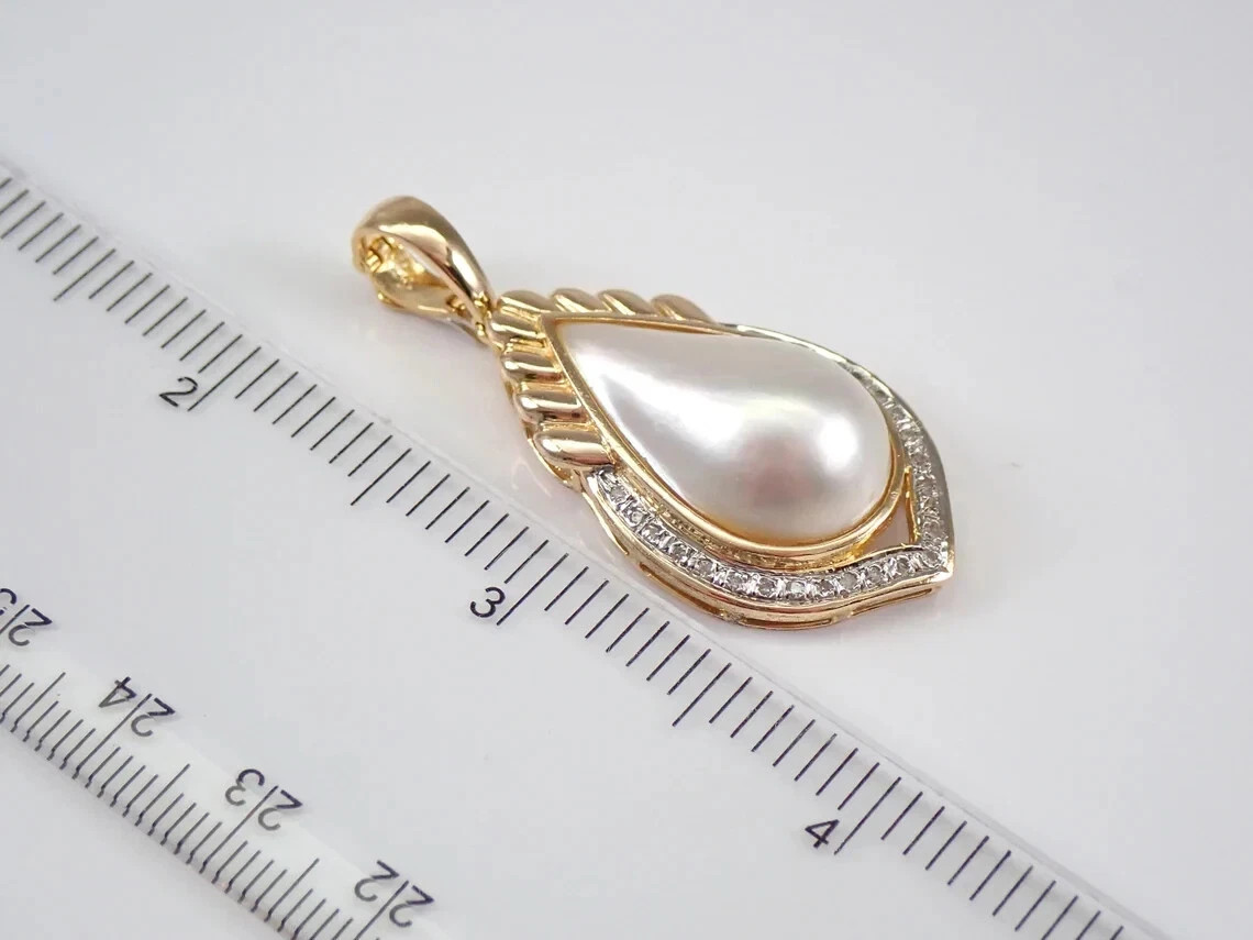 Vintage 14K Yellow Gold Plated Pearl and Moissanite Enhancer Pendant Free Chain