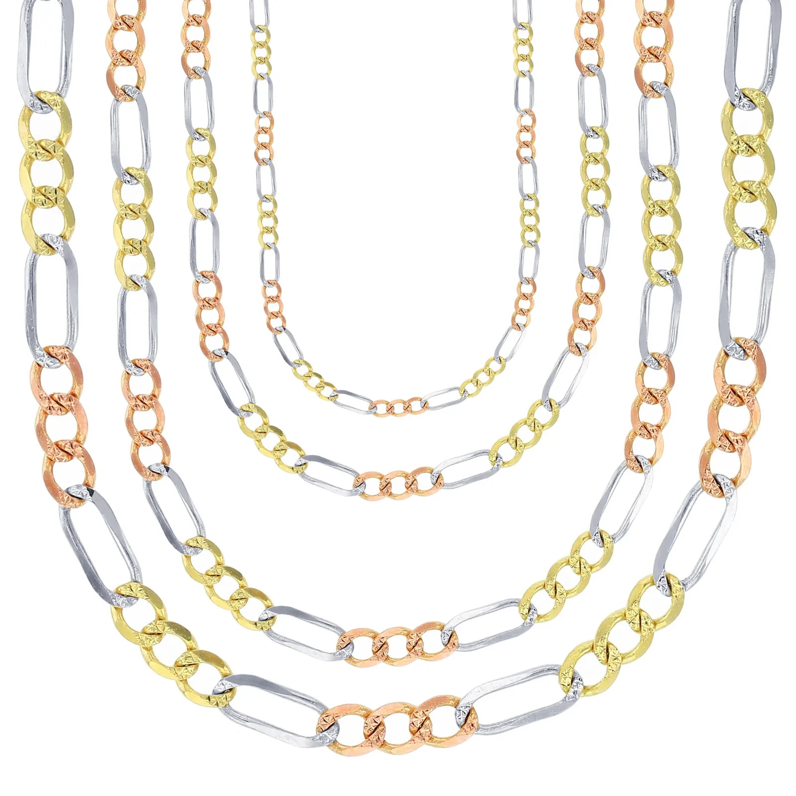 Real 10K Tri-Color Gold Hollow Figaro Chain Necklace 2.5-5mm 16-28in Men Women