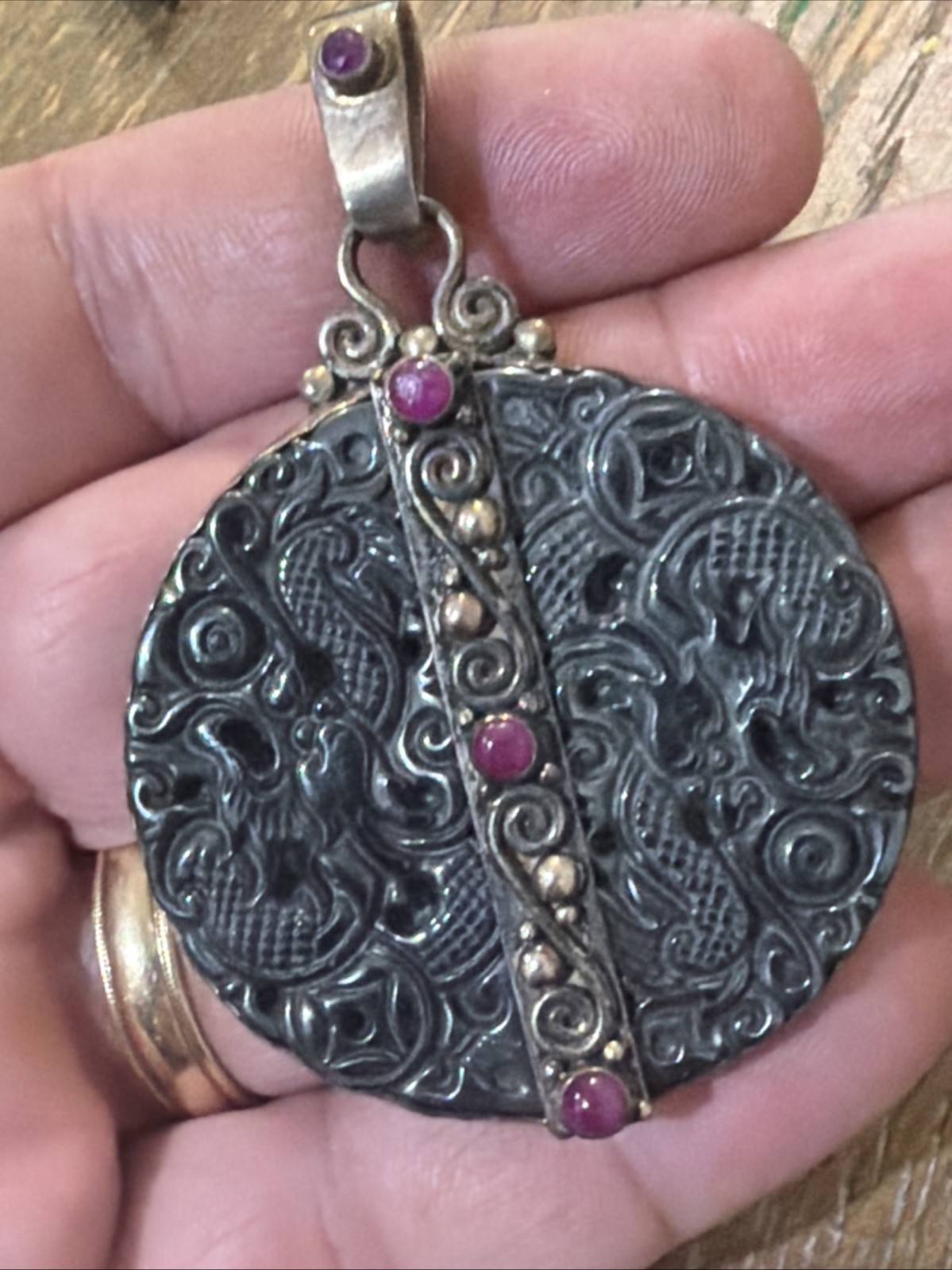 Sajen Sterling Silver Carved Hematite Dragon Ruby Disk Pendant 49.7g Unique