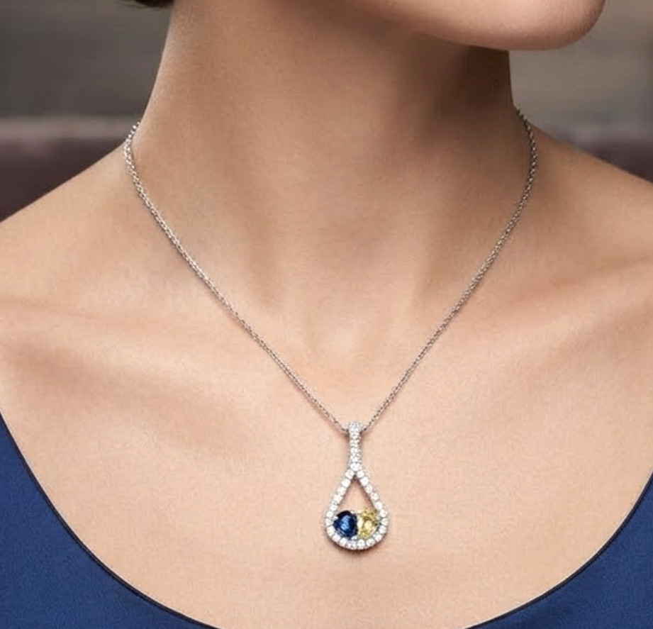0.56ct Natural Round Diamond 14k BIS Hallmarked WhiteGold Sapphire Topaz Pendant