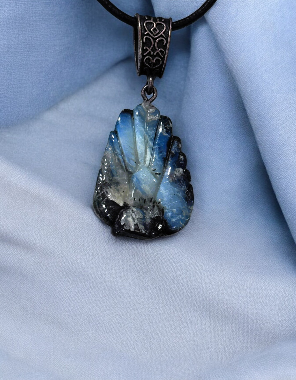 Natural Boulder Opal ~Hand Carved Bird Pendant~ Blue & Cream w/Leather Necklace