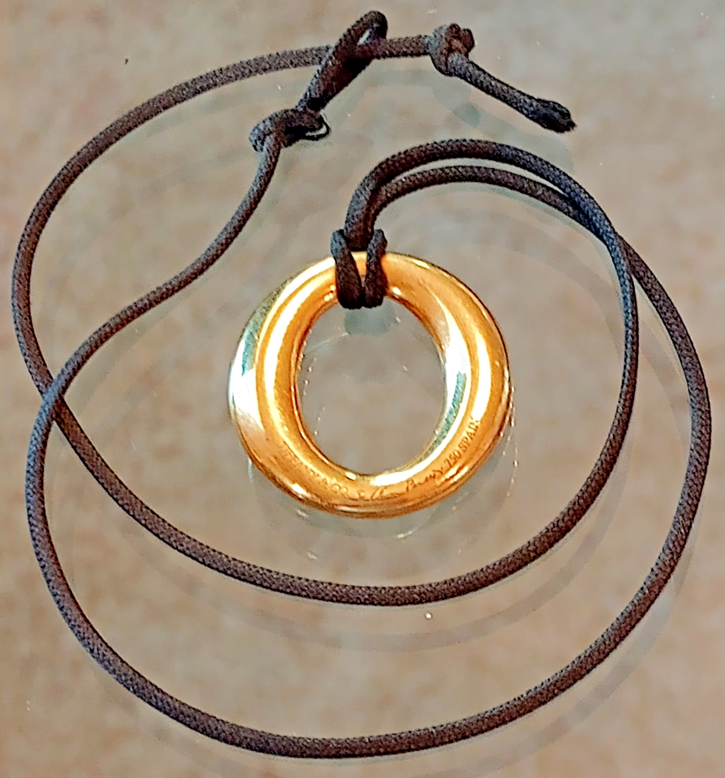 TIFFANY & Co. Elsa Peretti Sevillana Pendant Necklace 18K Gold 750 w/ Black Cord
