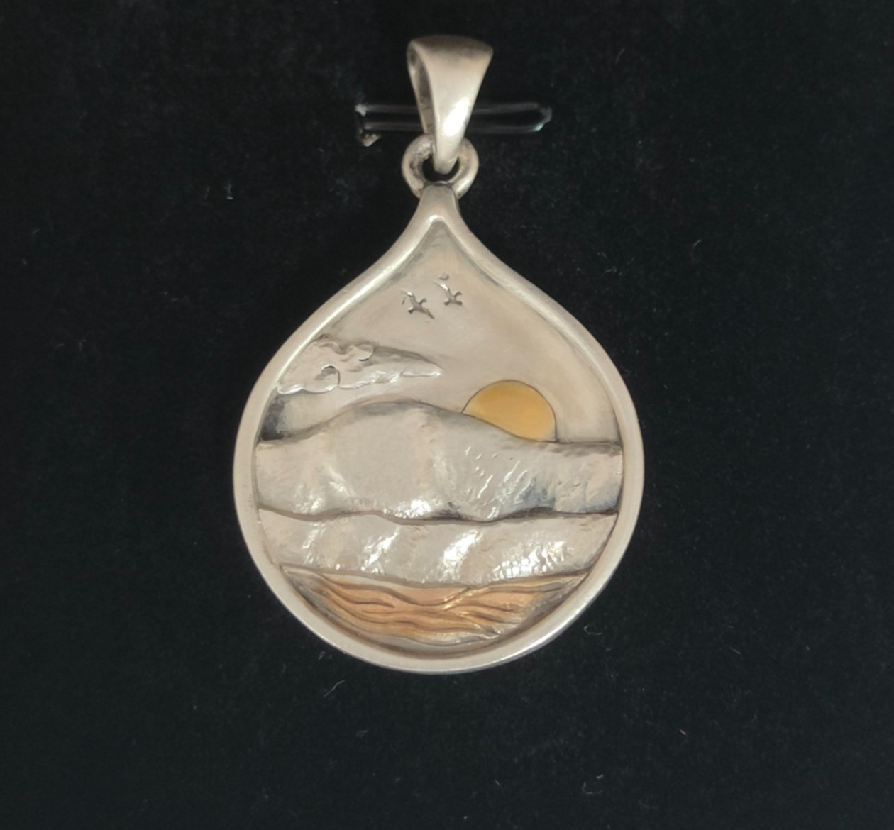 Mountain Sunset Landscape Pendant Handmade Nature Teardrop Charm Silver with box