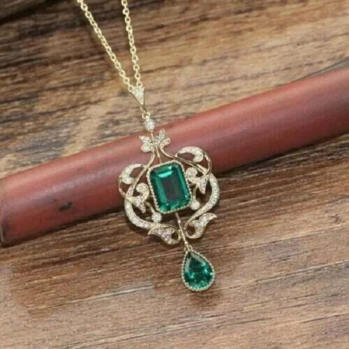 New 4Ct Emerald/Pear Cut Green Emerald Pendant 14K Yellow Gold Finish Free Chain