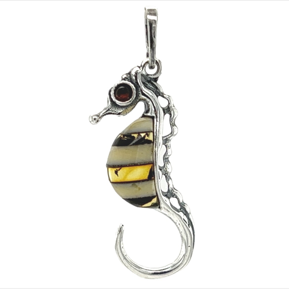Multi-Color BALTIC AMBER Sea Horse Pendant – 925 STERLING SILVER #5718e