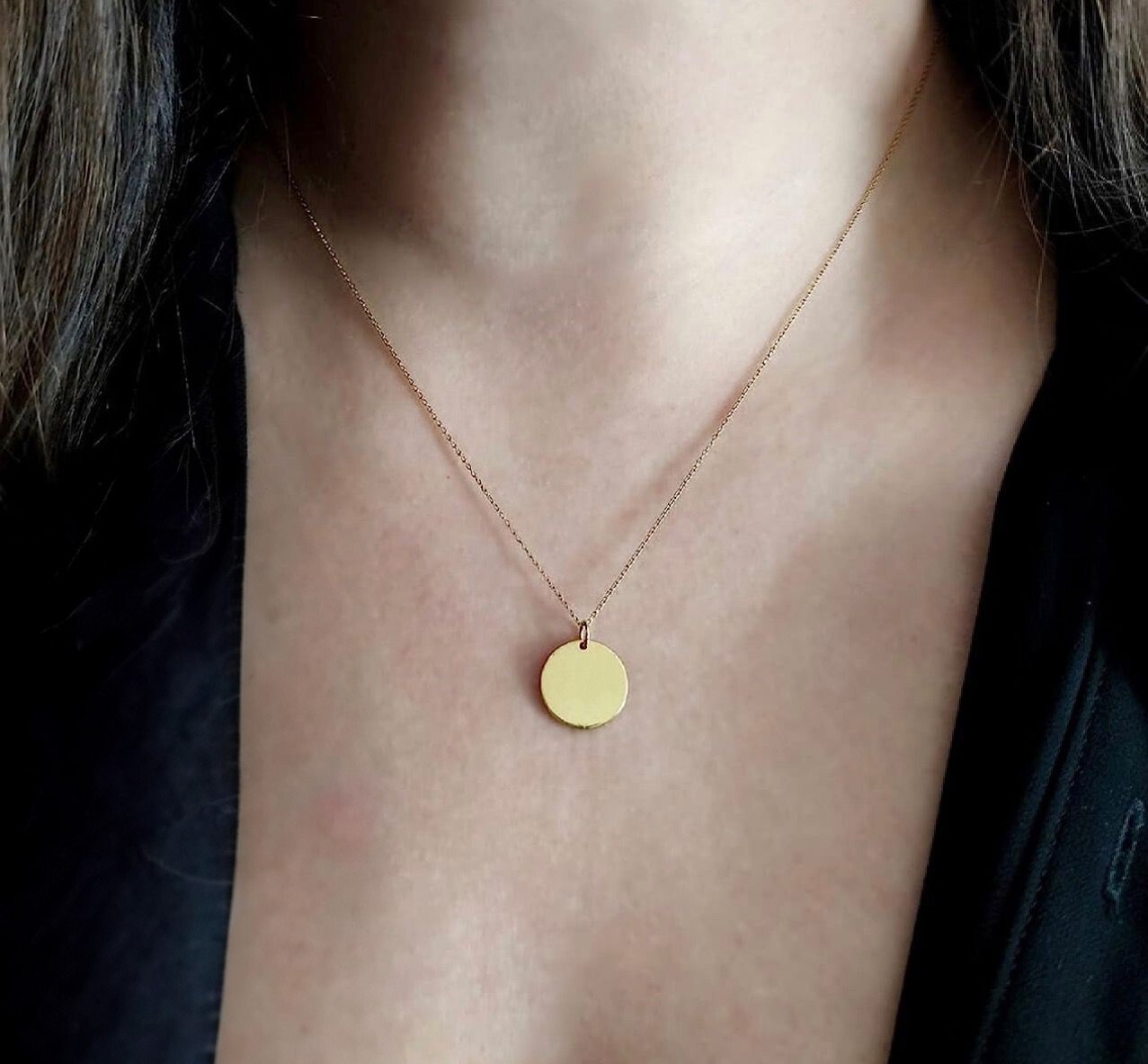 14K Plated Custom Engraved Disc Necklace, Gold Round Necklace, Circle Necklace