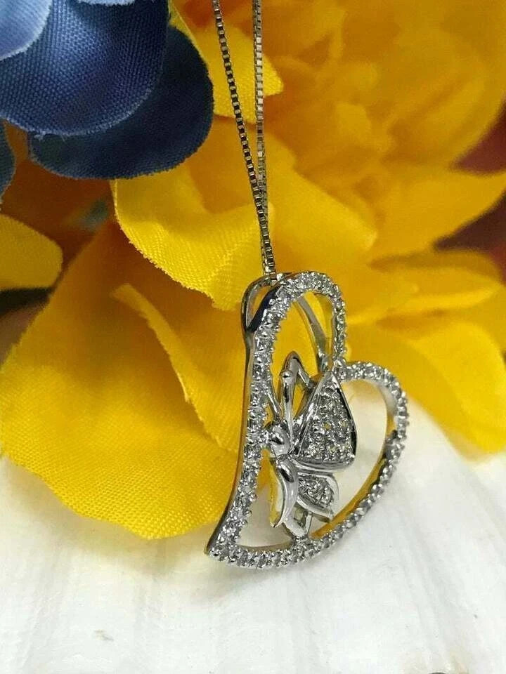 0.70Ct Round VVS1/D Diamond Heart Butterfly Pendant 14K White Gold FN Free Chain