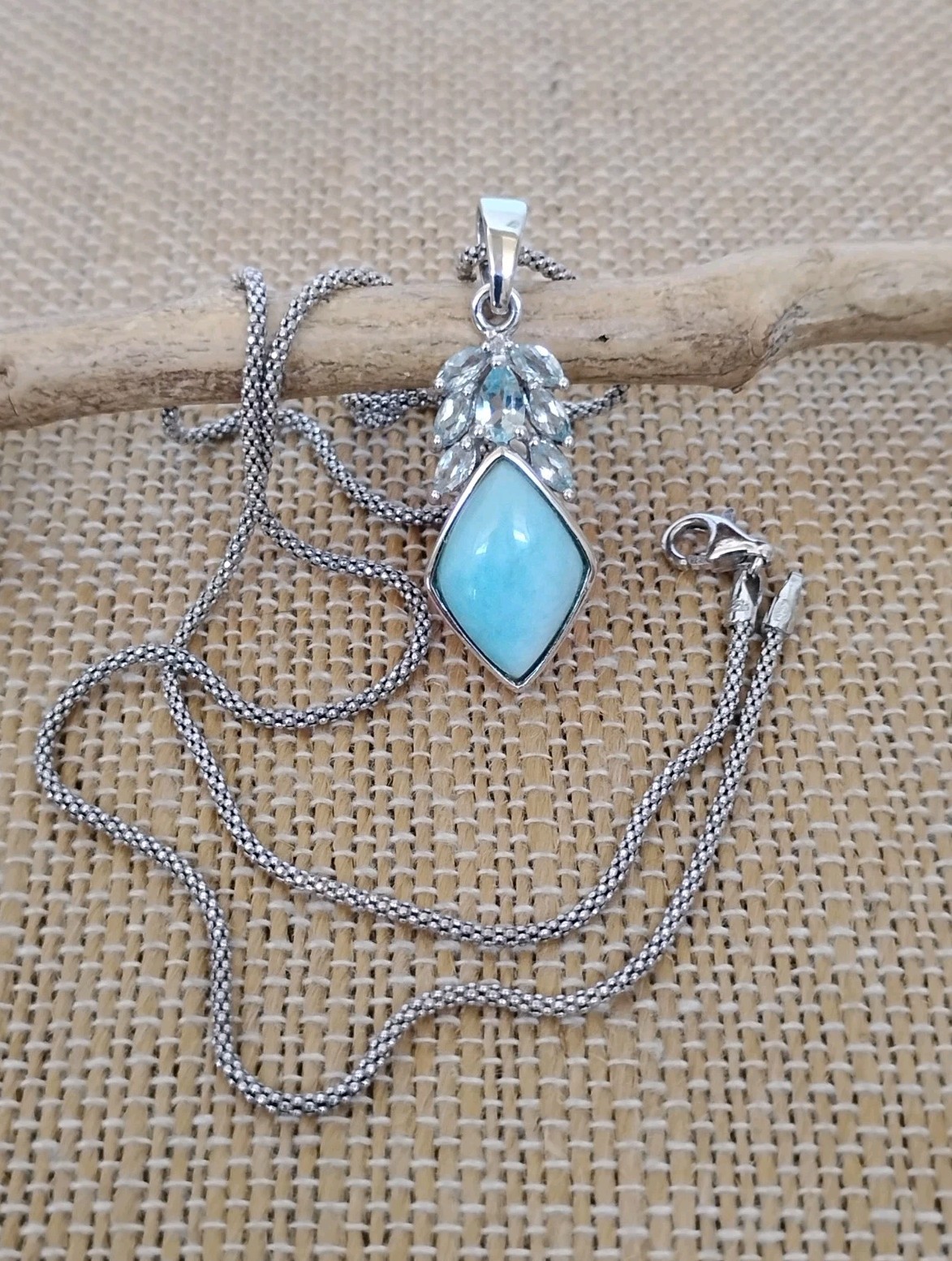 CFJ Thailand Larimar Blue Topaz Pendant Necklace Rhodium Plated Sterling Silver