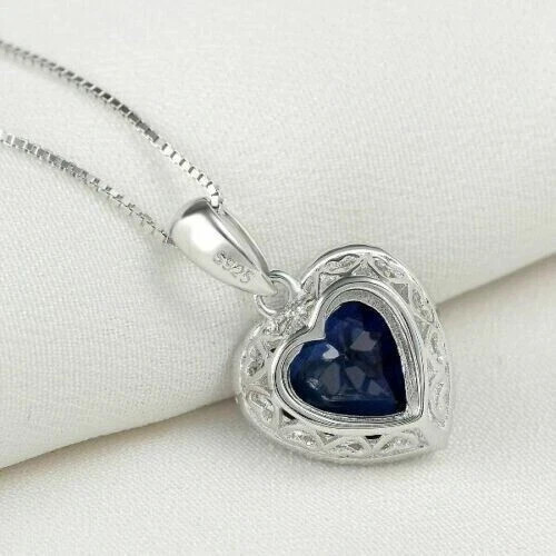 2CT Heart Cut Lab Created Blue Sapphire Diamond Halo Pendant 14K White Gold Pltd