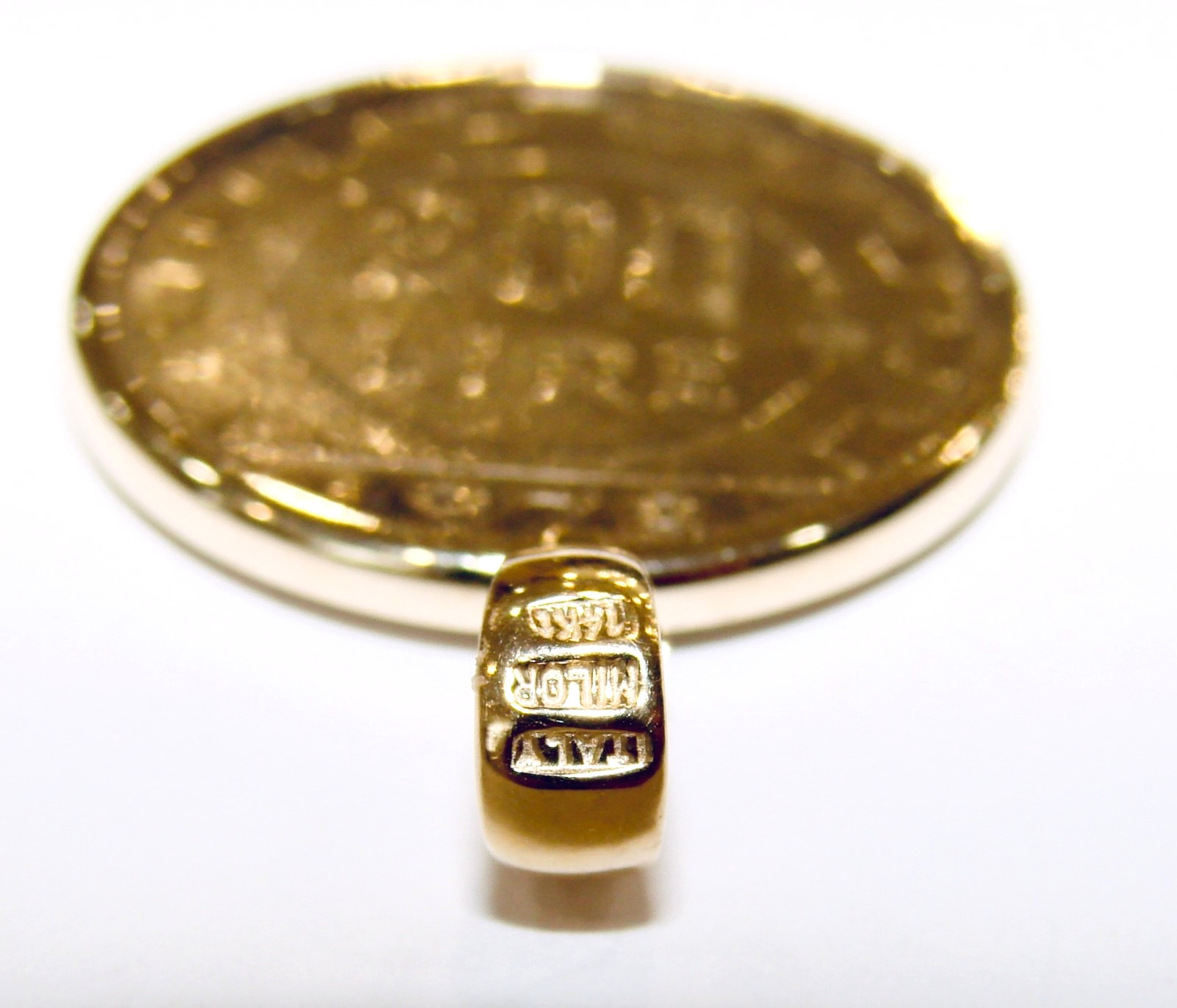 14K YELLOW GOLD MILOR ITALY FRAME PENDANT ITALIAN 200 LIRE COIN 6.23G