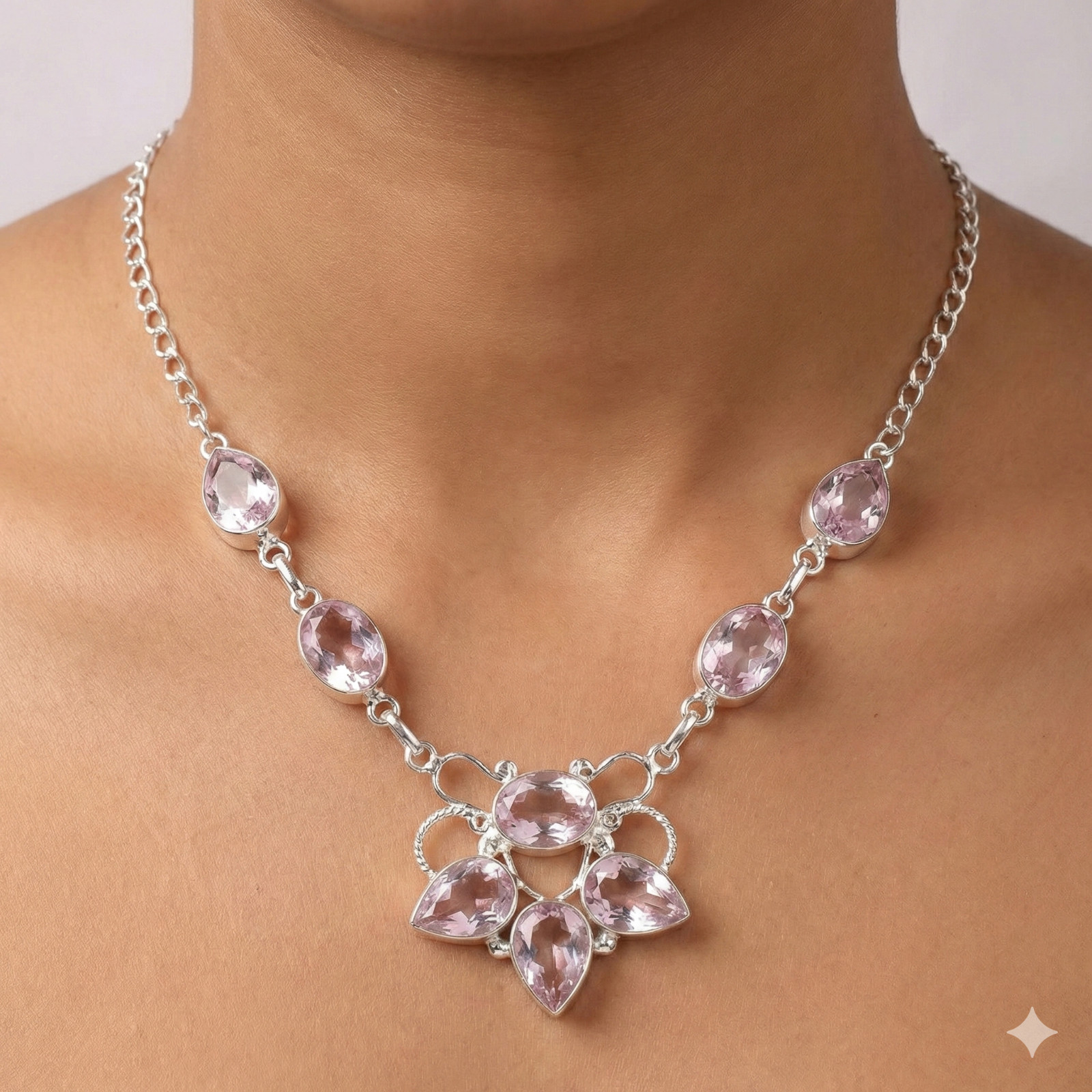 925 Sterling Silver Pink Kunzite Gemstone Handmade Jewelry Necklace Size-18″