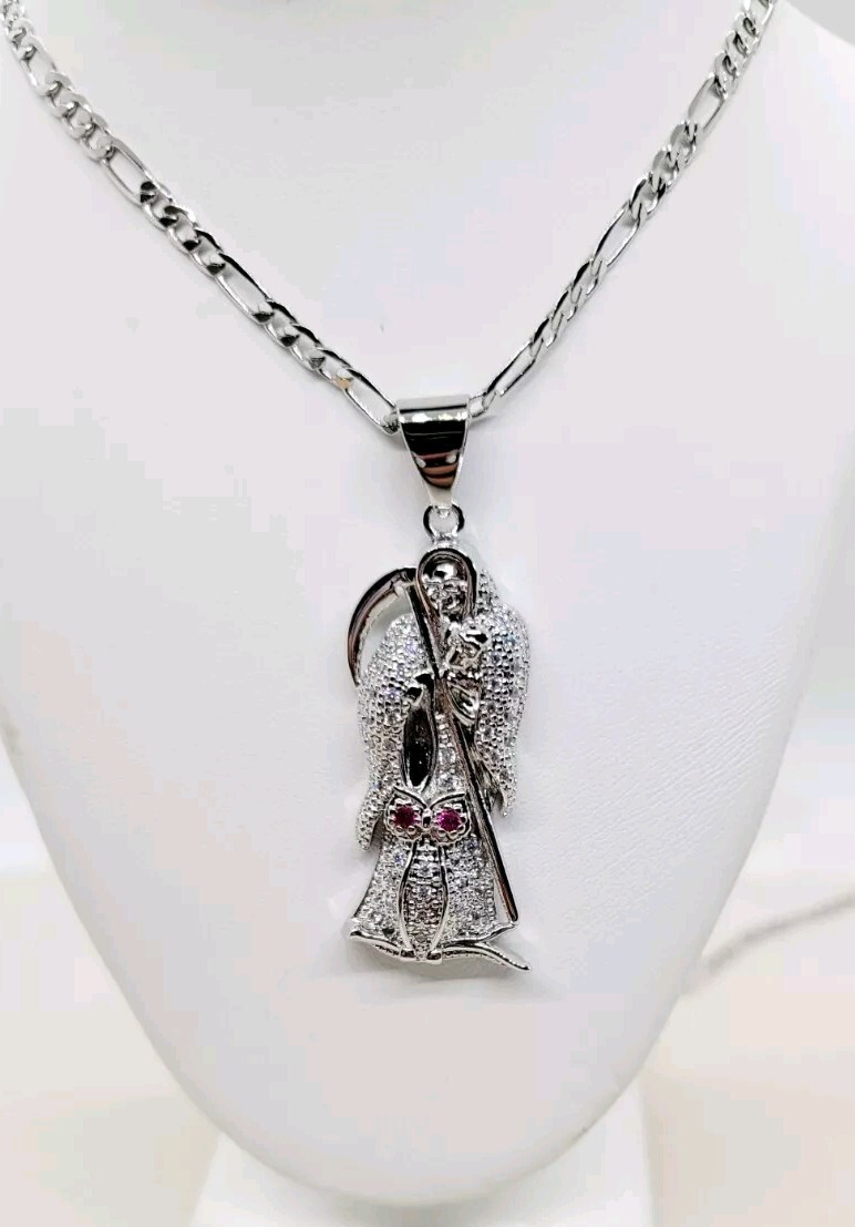 SILVER GRIM REAPER NECKLACE LONG/CADENA DE LA SANTA MUERTE 32x10mm