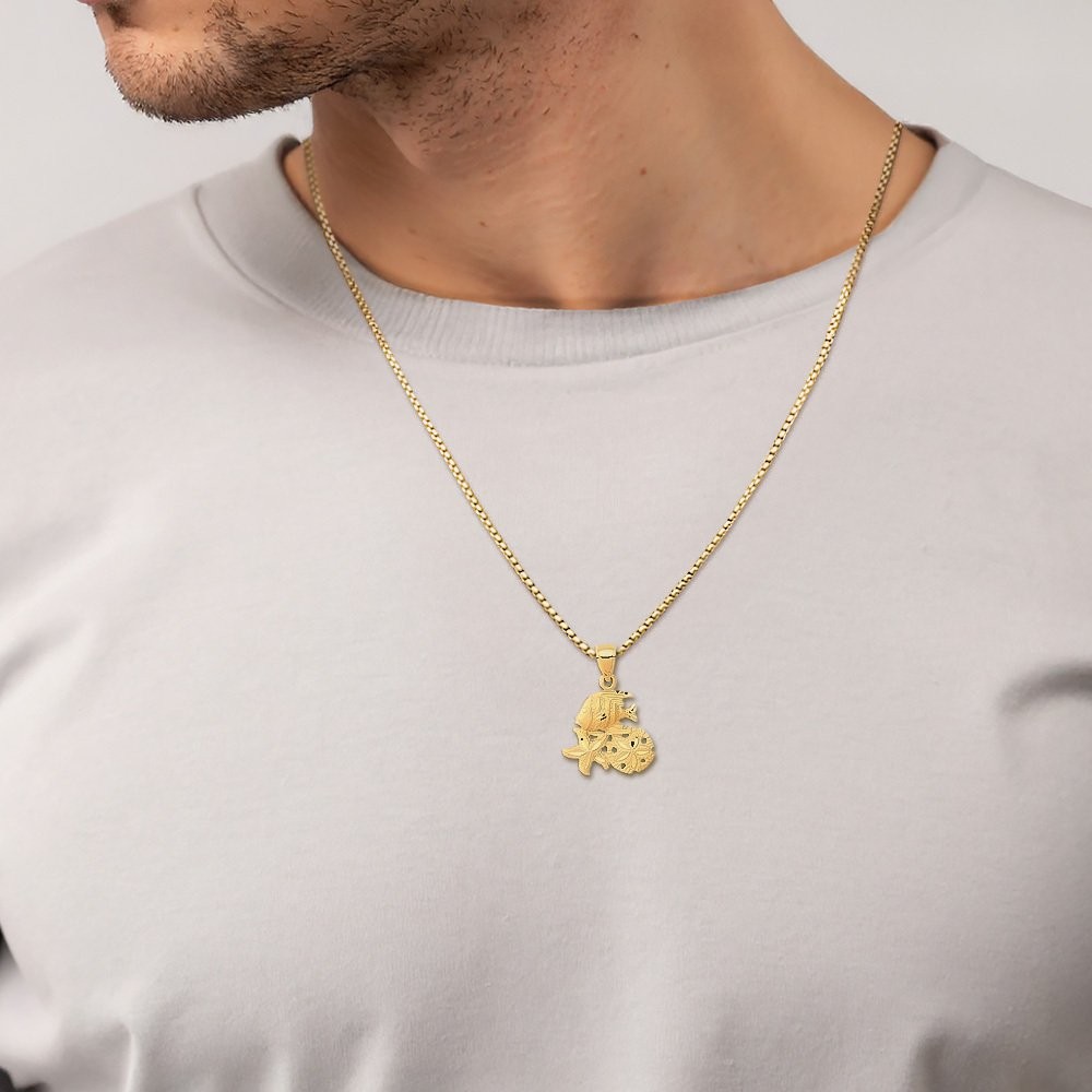 14K Solid Yellow Gold Medium Sea Life Pendant Necklace 23.5mm 0.9 inch Diamond