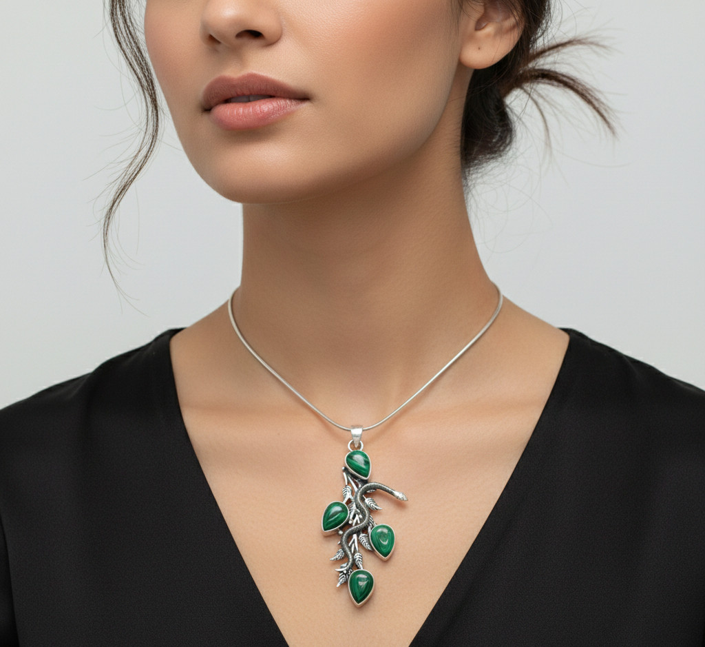 Natural Malachite Gemstone 925 Sterling Silver Snake Design Jewelry Pendant