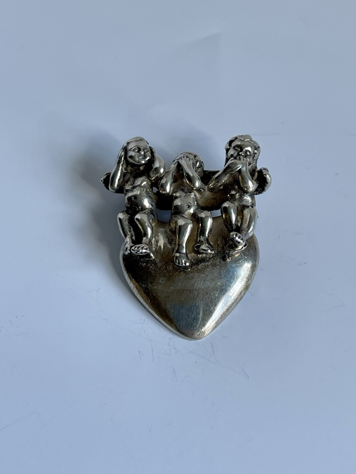 Vintage Sterling Silver 925 KABANA Three Angels Heart Pendant “See No Evil…”