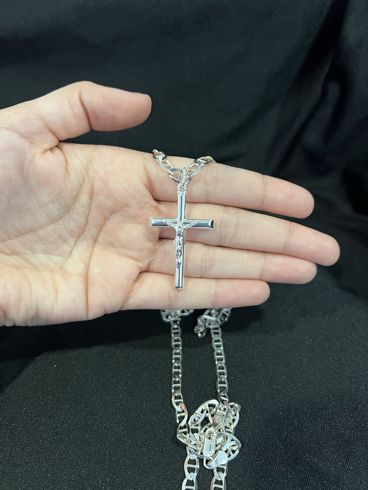 .925 Sterling Silver Mens Womens Cross Crucifix Pendant & Mariner Chain 20 26 30
