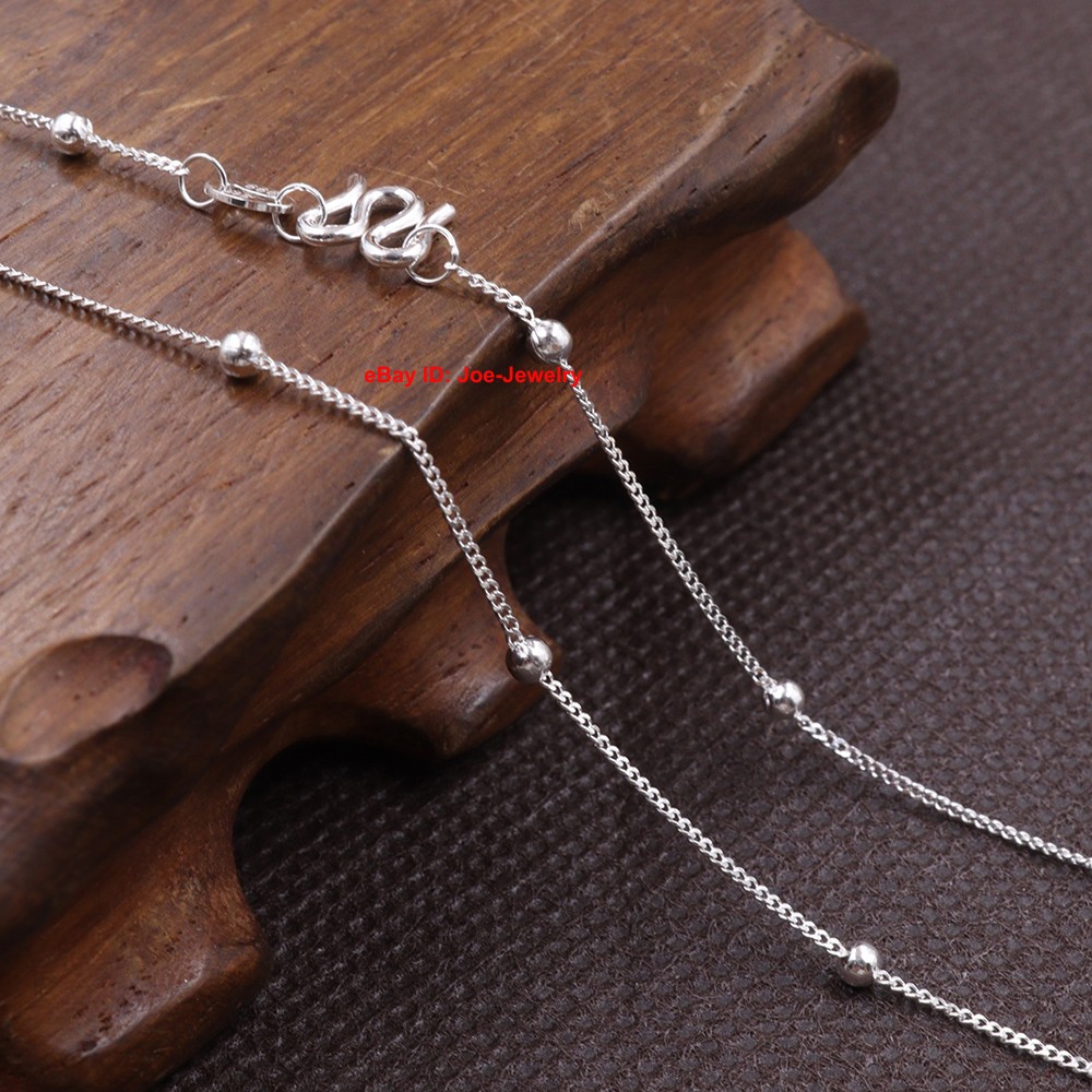 Solid 999 Fine Silver Woemen’s Necklace 2.5mm Bead and Curb Link Chain 17.7inch