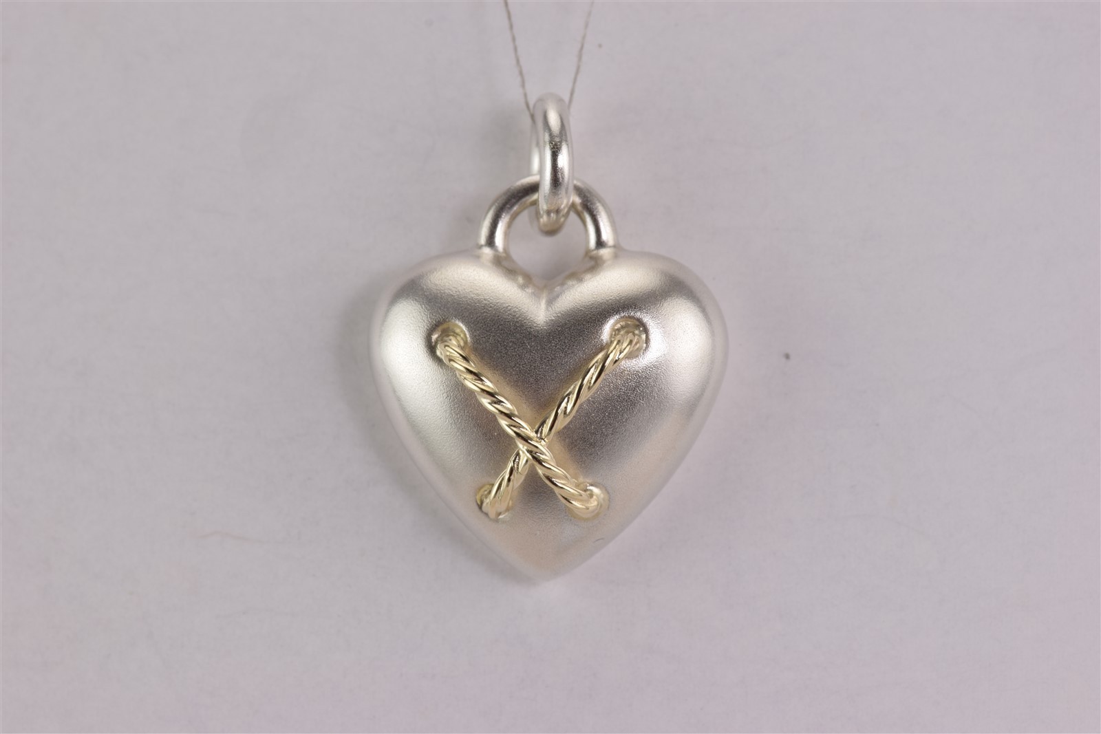 Sterling Silver 26mm x 23mm Puffy Satin Heart 14k Gold Cable 925 Pendant