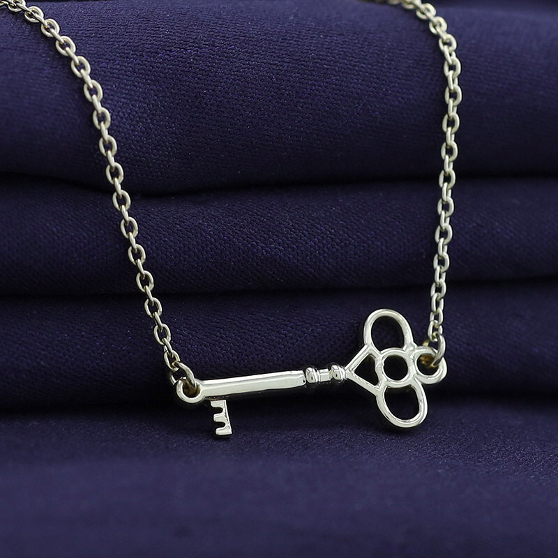Sideways Key Pendant Necklace 14K Yellow Gold Plated Sterlg For Womens 18″ Cha