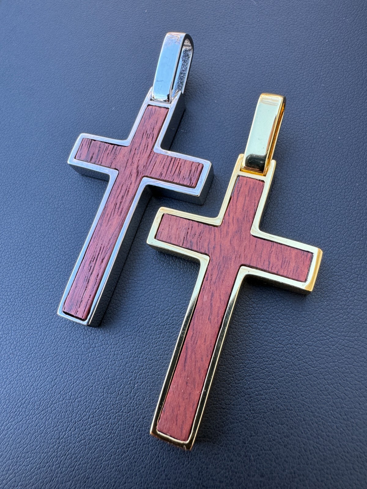 Large Mens Real 925 Silver & Wood Inlay Plain Religious Cross Pendant Necklace