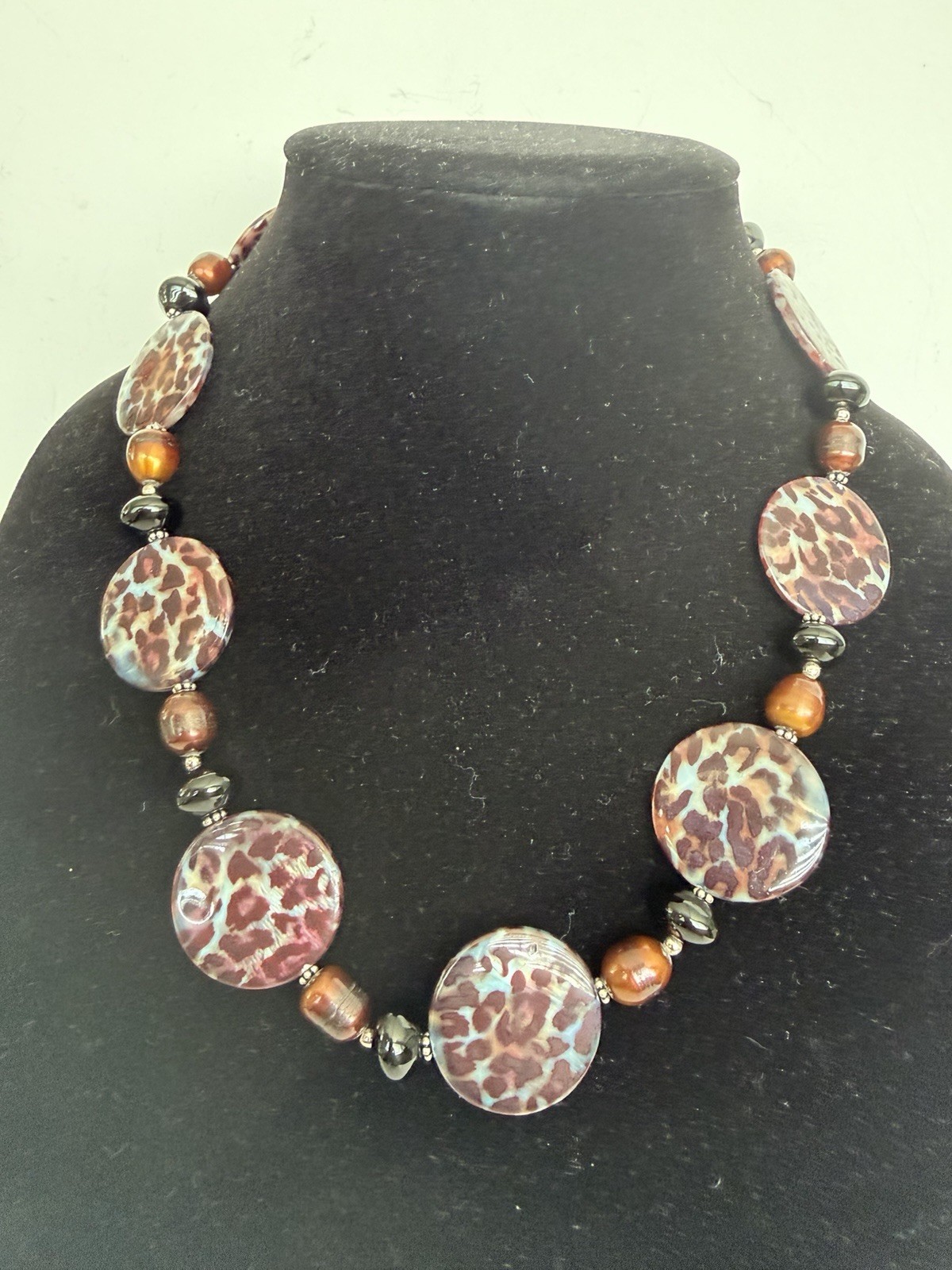NWT Donna Dressler Leopard Print Agate Necklace 925 Genuine Onyx and Pearls!
