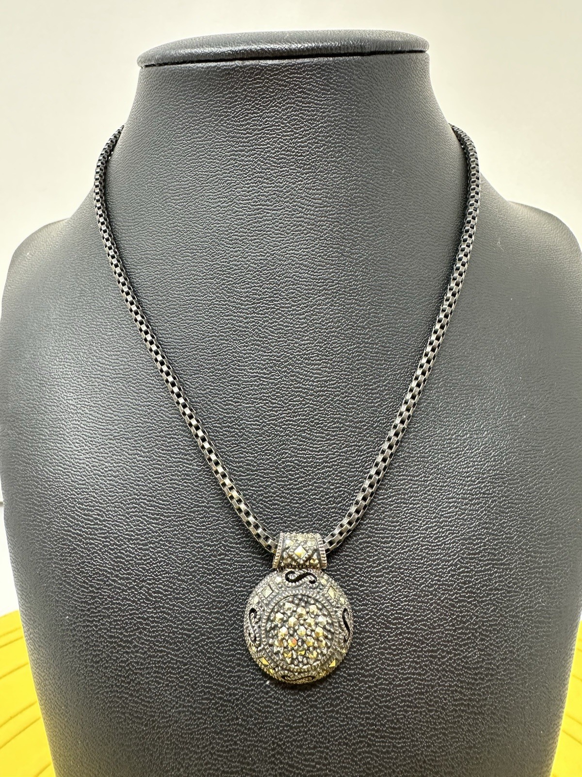Sterling Silver Judith Jack Medallion Marcasite Pendant Choker Necklace 12g 14”