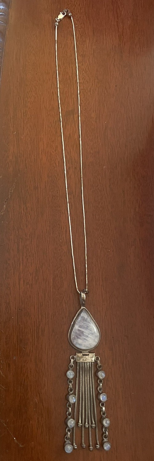 Sterling Silver 925 Necklace & 4 Inch Pendant Rainbow Moonstone Dangle Tassel
