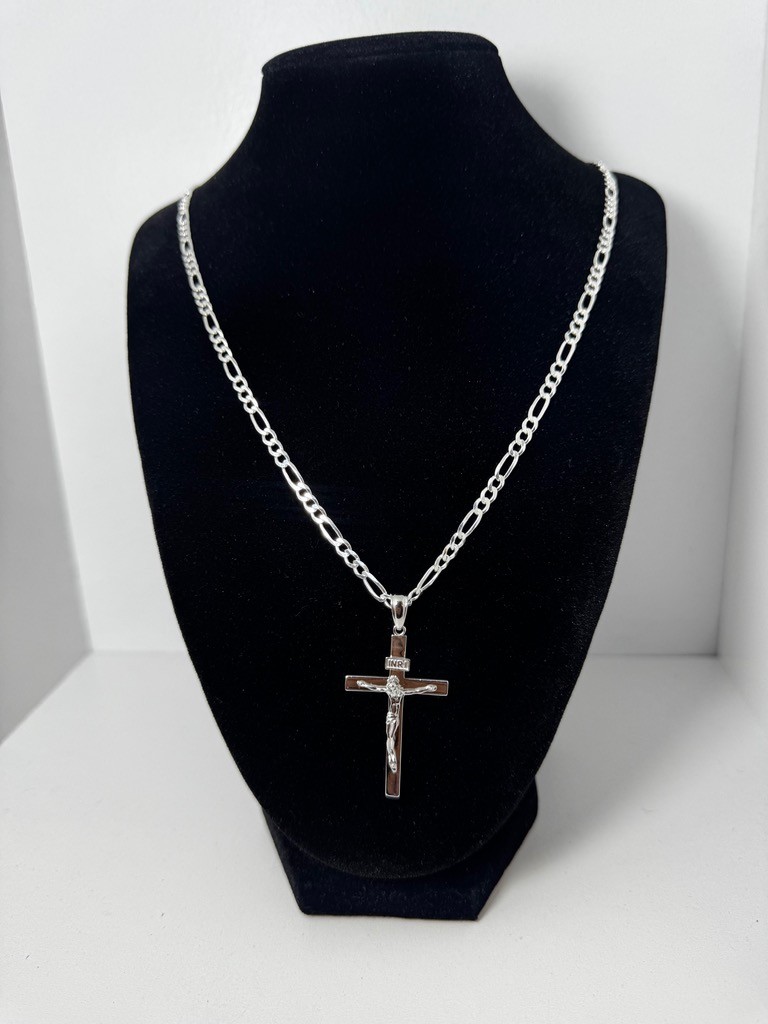 Sterling Silver 925 Italy Figaro Chain Necklace with INRI Crucifix Cross Pendant