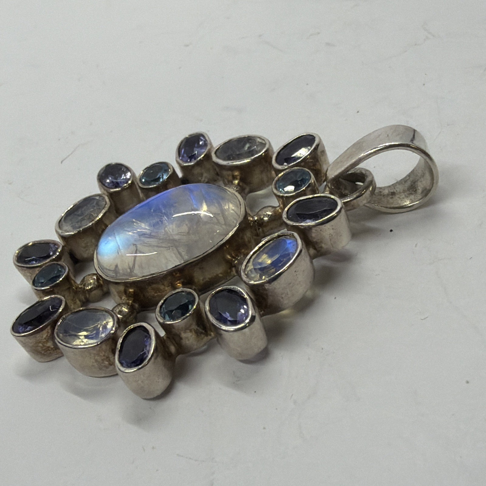 Sterling Silver SJ 925 Moonstone Amethyst Topaz Multi Gem Large Pendant Unique