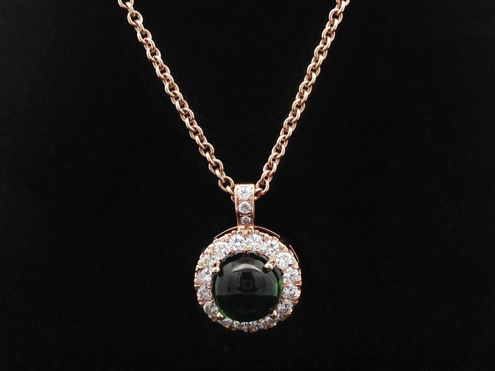 Rosy Yellow Gold High Quality Green Tourmaline Diamond Halo Pendant Necklace