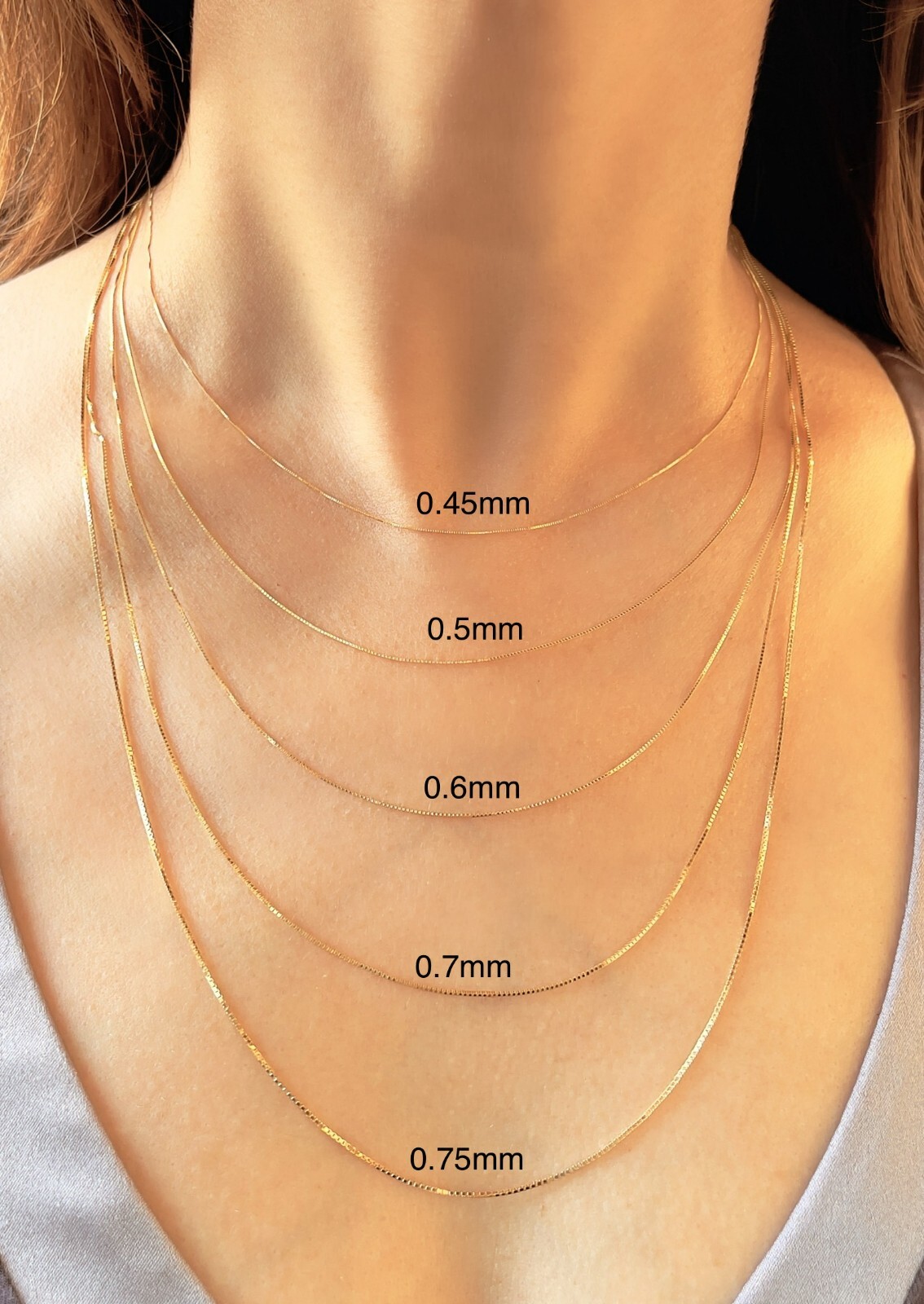 Decomerika Dainty Solid Box Chain Necklace 0.45-0.75mm 16-24in 14K Yellow Gold