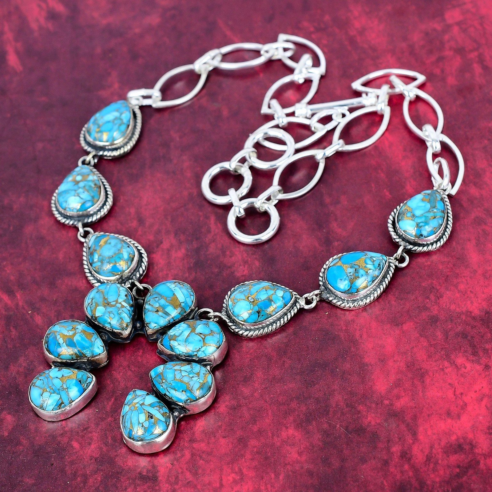 Copper Blue Turquoise Gemstone Handmade 925 Sterling Silver Jewelry Necklace