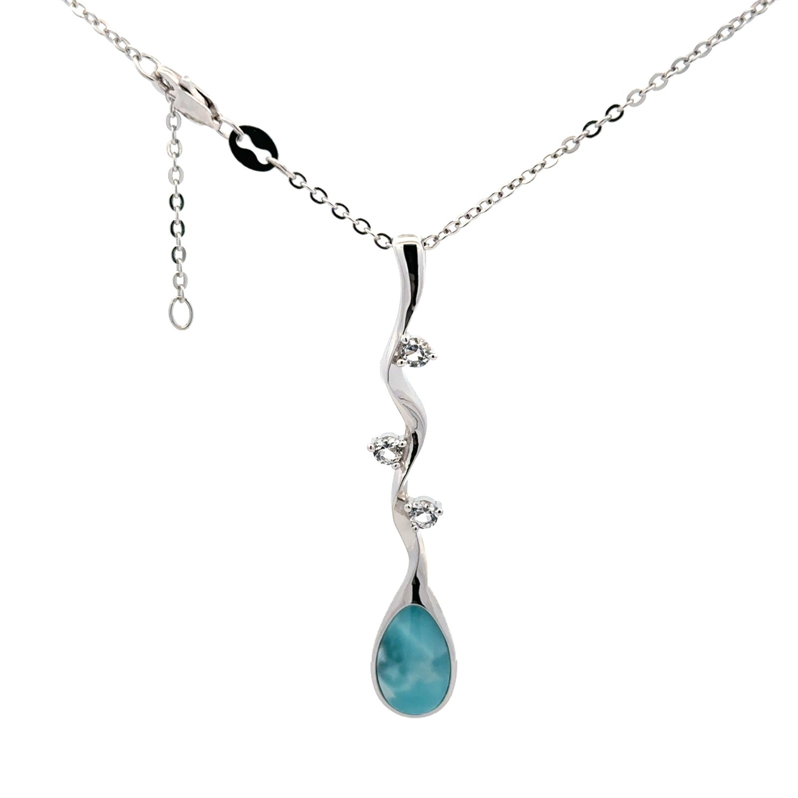 Sterling Silver Larimar And CZ Necklace (3/8 x 2 Inch)–Chain 18+1 Inch