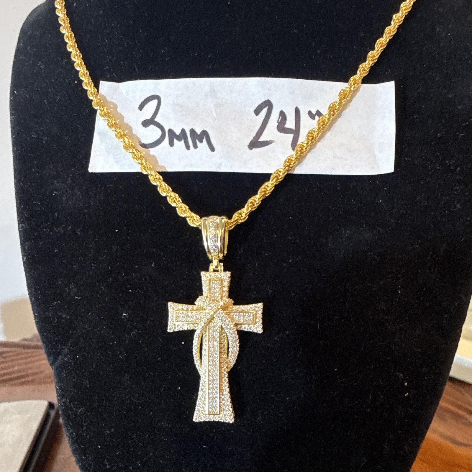 3mm 24” Rope Chain (25g) SOLID 925 14k Gold Over w Moissanite Cross Pendant