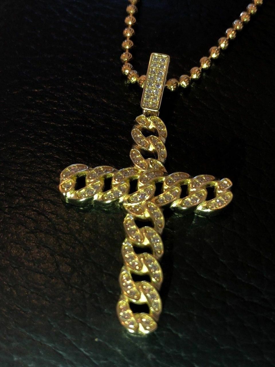 Cuban Link Cross Pendant W. Chain Sterling Silver 925 *14k Gold Plated* CZ
