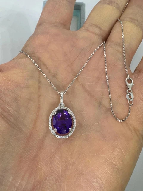 3.00 Ct Oval Cut Lab-Created Amethyst Halo Pendant 14K White Gold Plated Silver