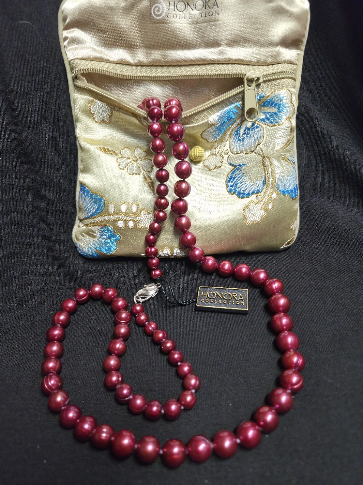 Honora Cranberry Red 30″ Long Cultured Pearl Strand Necklace .925 Clasp W Pouch
