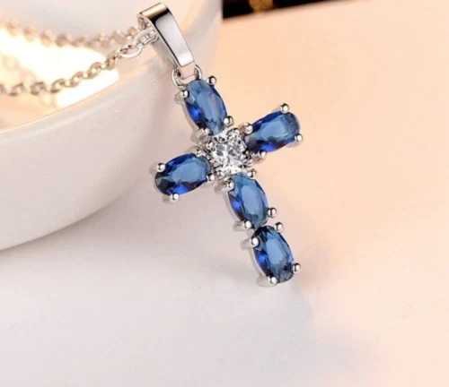 2Ct Oval Cut Blue Sapphire Cross Pendant 14K White Gold Finish 18″ Free Chain