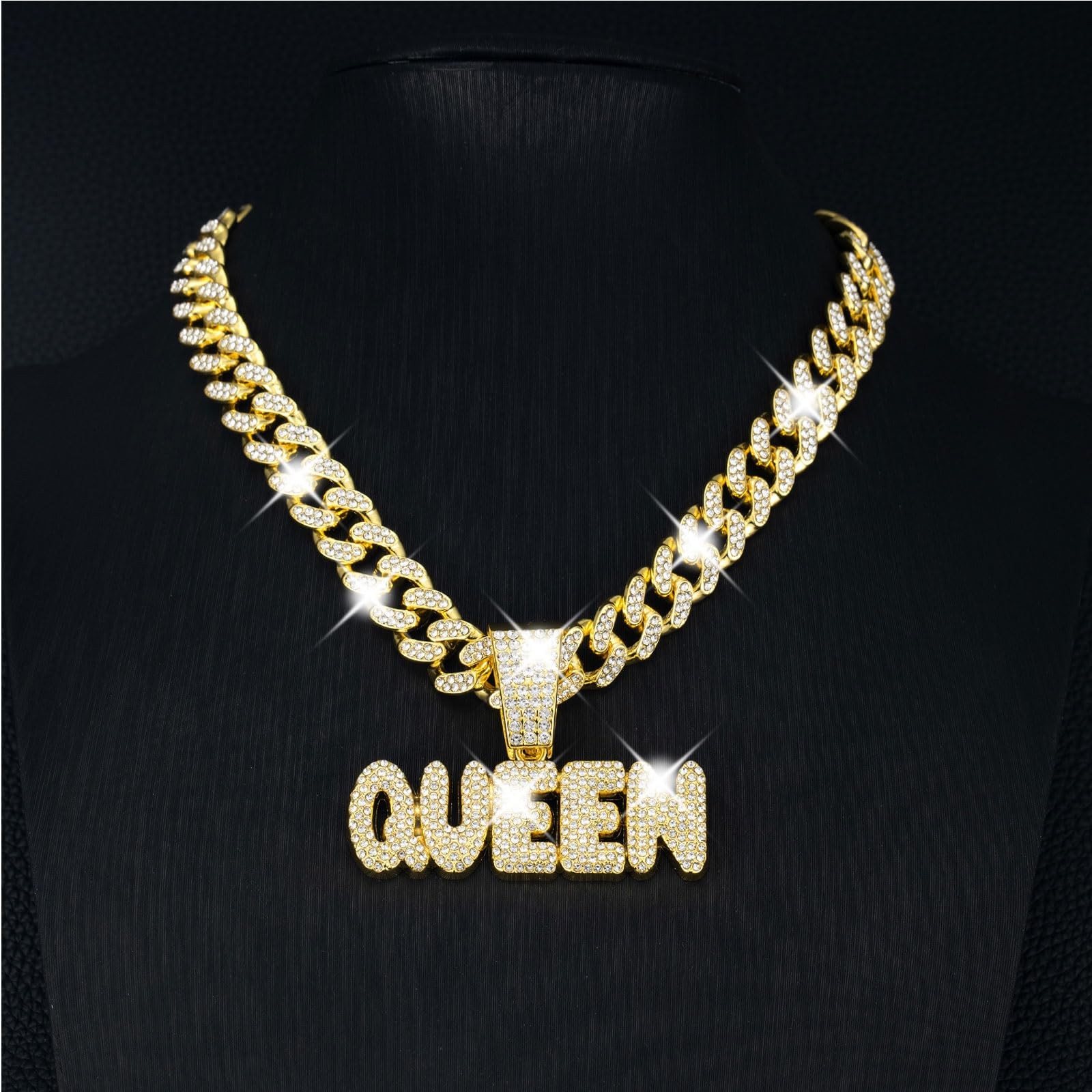Queen Hip-hop Cuban Chain, Rhinestone Pendant Necklace Jewelry For Women，Women’s