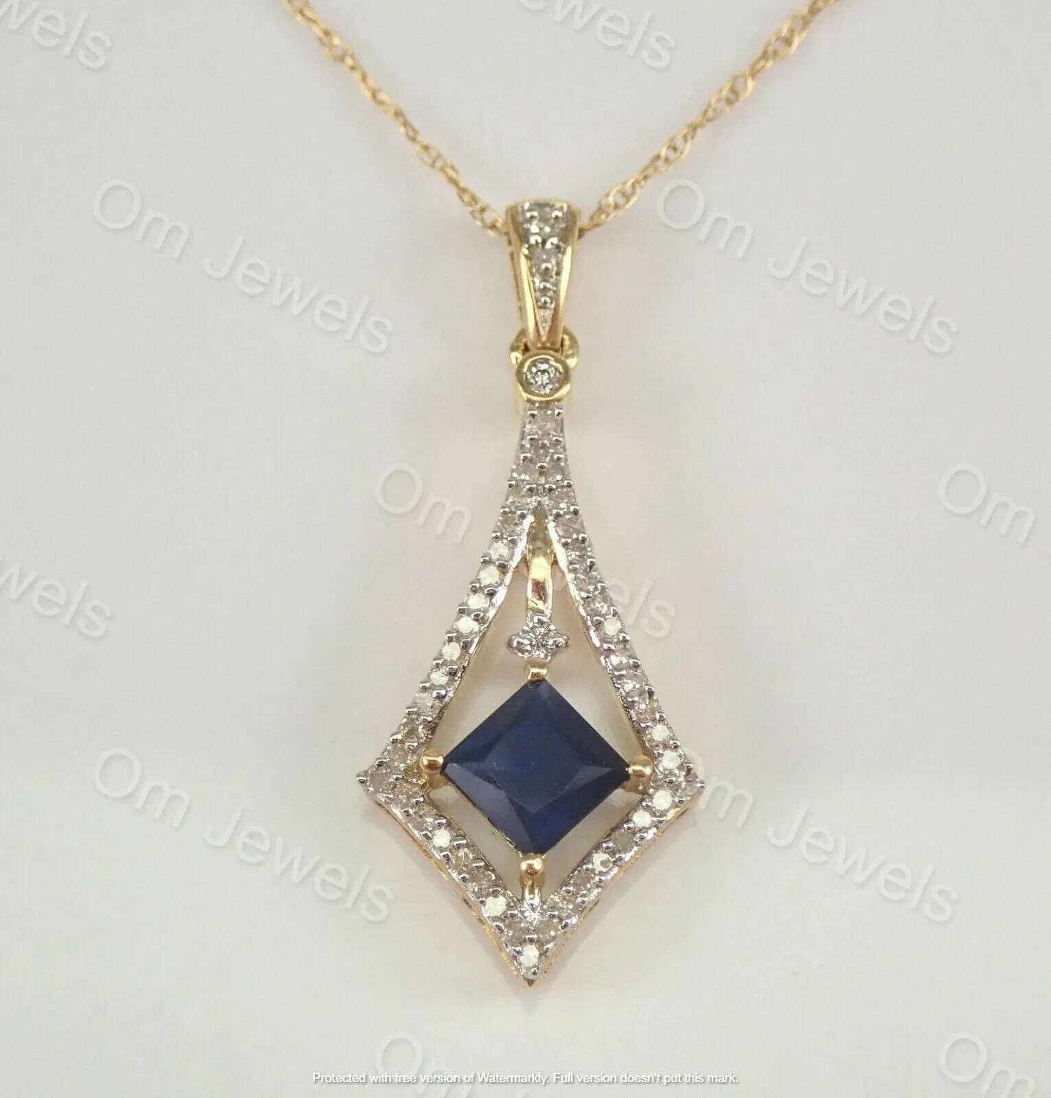 1Ct Princess Sapphire & Diamond Necklace Pendant 14K Yellow Gold Over Chain