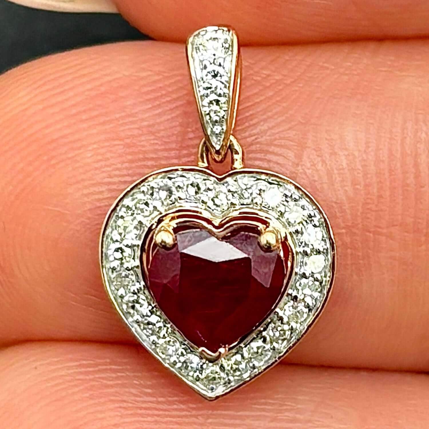 0.62CTW Real Diamond 10K Rose Gold Halo Ruby Heart Pendant 0.5″