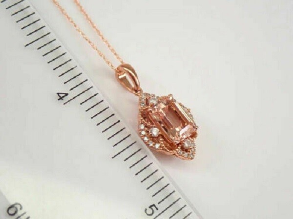 3.00Ct Emerald Cut Morganite Halo Pendent 14K Rose Gold Finish 18” Free Chain